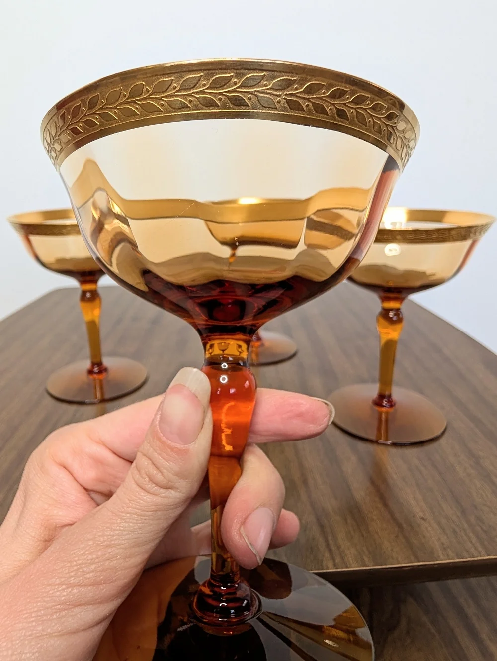 Vintage Amber Glass Gold Rim With Laurel Leaf Pattern Champagne Glasses Set Of 4
